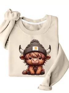 Women's Fall Winter Fleece Warm Long Sleeve Pullover Sweatshirts, Drawstring Drop Shoulder Design, Cute Highland Cow Print, Casual Comfort Fit, Womenswear