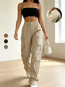 Women’s cargo straight-leg pants, mid-rise elastic waistband, large side pockets, drapey fabric, versatile wide-leg floor-length casual pants, street-style trendy long pants summerwins