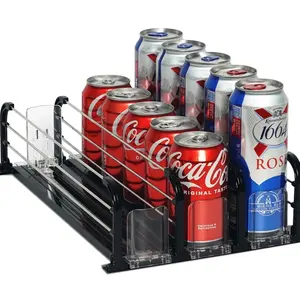 Drink Organizer for Fridge, 3 Rows Drinks Organizer for Refrigerator with Pusher Glide