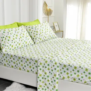 Floral Sheet Set - Breathable Shamrock Print Sheets - Fit upto 14 Inches Deep Pocket - Include Fitted Sheet, Flat Sheet, and Pillowcases