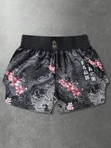 Men's Muay Thai Shorts, Sakura Dragon Pattern & Temple Print, Japanese Ink Style, Free Fighting Training Fight Pants, Activewear Shorts