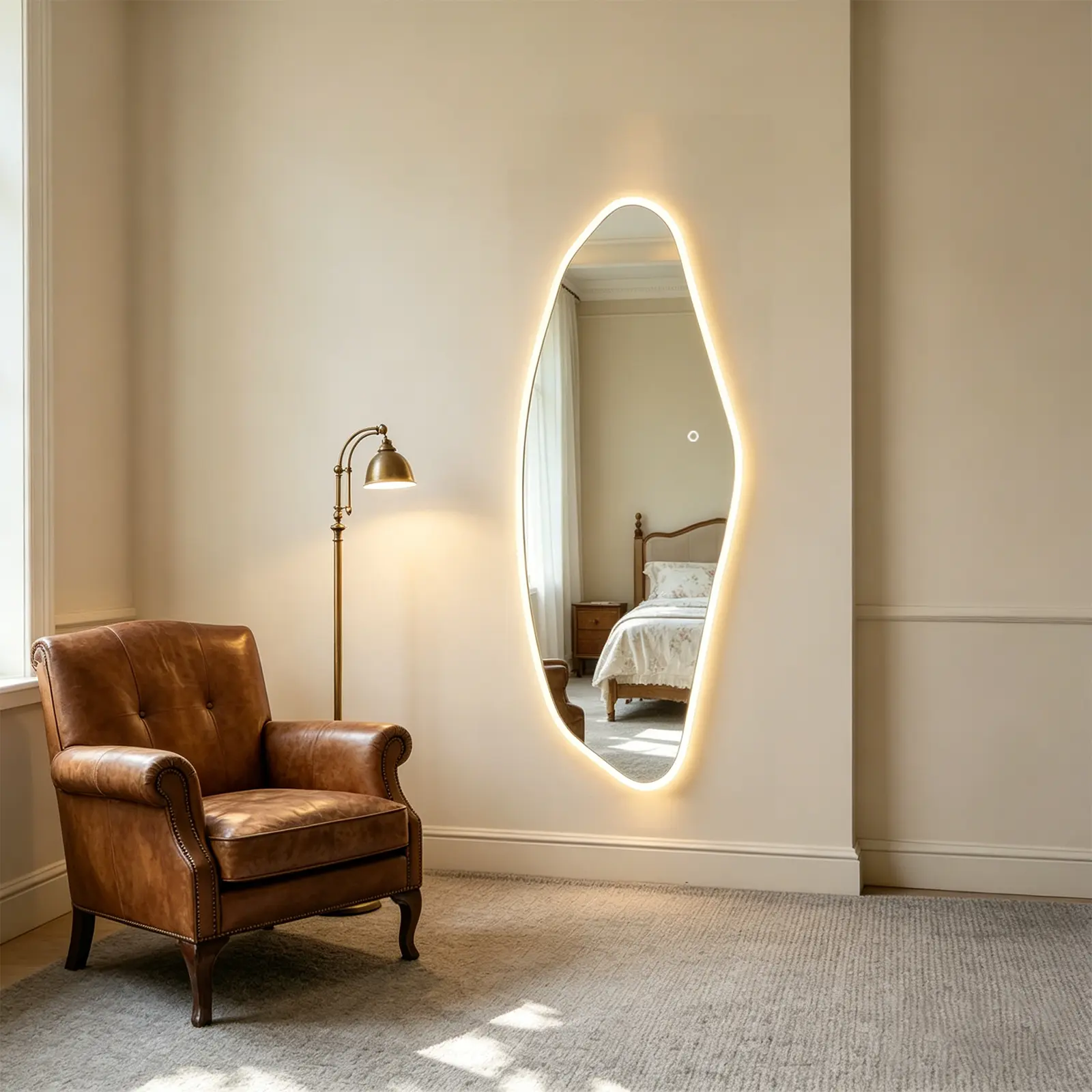 Irregular Cloud Wave LED Full Length Mirror, 5mm Tempered Glass Wall Mounted Full Body Mirror with 3 Color Adjustable Lighting, Touch Control Lighted Dressing Mirror, Unique Wavy Decorative Mirror for Bedroom Closet Dressing Area Entryway Home Decor