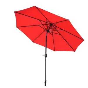 Oakland Living 4005-RD-BN 9 ft. Metal Framed Umbrella with Crank & Tilt System - Red Top & Brown Pole wih Brown Stand