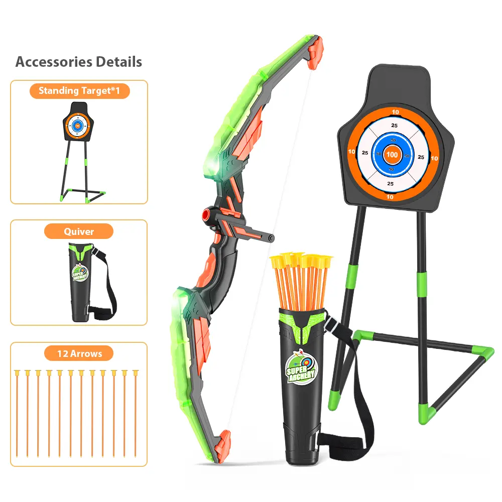 LED Light Up Kids' Bow and Arrow Set - 12 Suction Cup Arrows, 1 Standing Target, 3 Score Targets, 1 Quiver - Indoor Outdoor Sport Gifts for Boys/Girls Ages 4+, Green Camping Essentials
