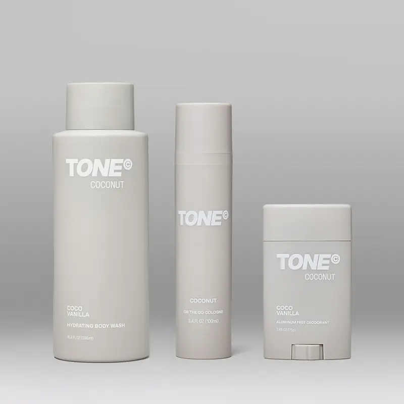TONE Essentials Collection 3-Piece Body Care Set, Aluminum-Free Deodorant 2.65 oz + Hydrating Body Wash 16.9 fl oz + On The Go Cologne 3.4 fl oz, Coconut, Fresh, Citrus, Woodland, Sunrise, Vanilla Smoke & Pine Cypress Scents, Gift Set, Scented