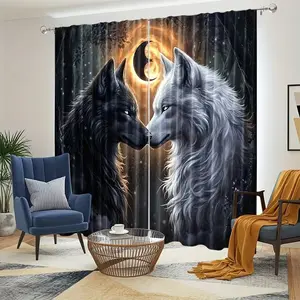 2-Pack Modern Style Curtains, 2D Flat Print Wolf Pattern, Light Blocking, Suitable for Bedroom & Living Room