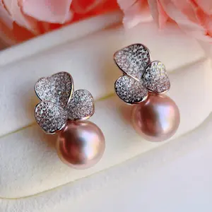 Piswency 12mm Large Freshwater Pearl Stud Earrings, Natural Mentra Rose and Metalic Purple Color Pearl Earrings, 925 Sterling Silver Flower, Gift for Her