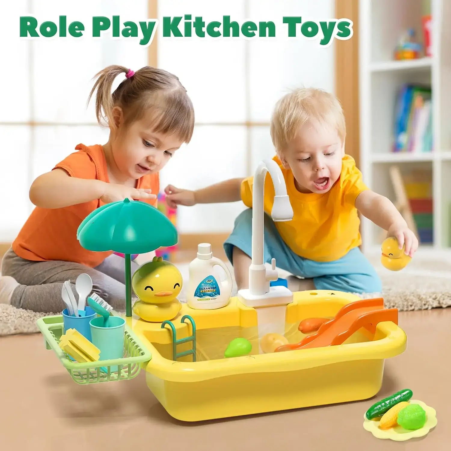 Play Sink with Running Water,Kids Sink Toy with Automatic Water Cycle System,Sink Fishing Game Toy with Food Kitchen Accessories,Kids Role Play Dress Up Dishwasher Toys for Boys and Girls Present summerwins