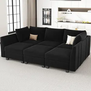 Modular Sectional Sofa Sleeper Sectional Couch with Storage Velvet Sofa Bed for Living Room, 6 Seats, Black