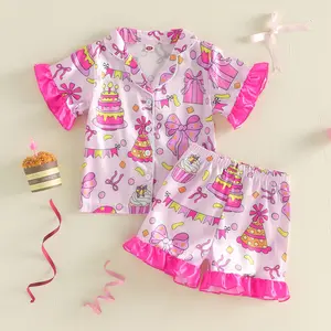 Kids Girls Birthday Pajamas Set, Cake Bow Print Short Sleeve Turn-down Collar Tops with Elastic Waist Shorts Sleepwear