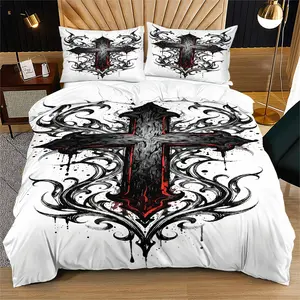 Dark Christian Gothic Bedding Set, Intricate Cross & Filigree Design, Breathable Polyester Material, Perfect for Edgy Faith-Based Bedroom Décor