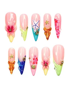 Tropical Hibiscus Press On Nails | 3D Seashell Starfish Summer Nail Set | Mermaidcore Beach Vacation Glossy Press Ons