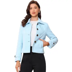 Allegra K Women's Turn Down Collar Long Sleeve Single Breasted Winter Pea Coat X-Large Light Blue