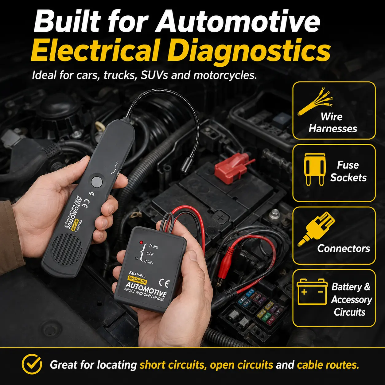 Automotive Circuit Tester Cable Tracker, Short and Open Circuit Finder Wire Tracer Tool, Car Electrical Diagnostic Probe Kit with Transmitter Receiver, 7-Inch Flexible Probe, Adjustable Sensitivity, Carrying Case