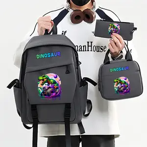 3-Piece Dinosaur Backpack Set, School Backpacks, Large Capacity Nylon Bag, Adjustable Straps, Laptop & Tablet Compartment, Back-To-School Gift