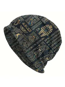 Egyptian Pharaoh Hieroglyphs Beanie Skull Cap, Soft Dome Cap, Soft Retro Unisex Hat with Ancient Symbols Golden Blue on Black Design for Autumn Winter Warmth Casual Streetwear Cozy Material Fashion Accessory