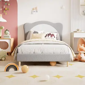 Gray Full Size Bed Frame for Kids - Cute Velvet Princess Platform Bed with Upholstered Headboard for Girls/Boys, Solid Wood Slats Support, No Box Spring Needed