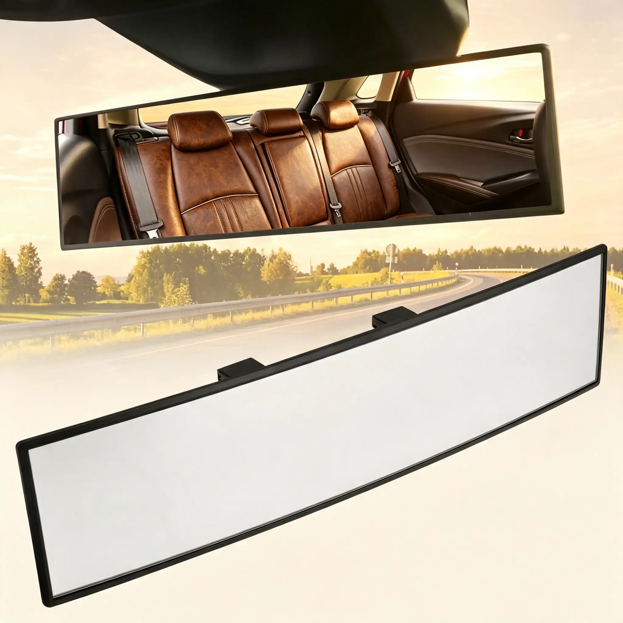 12" Rectangular Clip-on Panoramic Rearview Mirror, Shockproof Design, HD Wide-Angle Vision, Universal Fit for Sedans, SUVs, Pickups