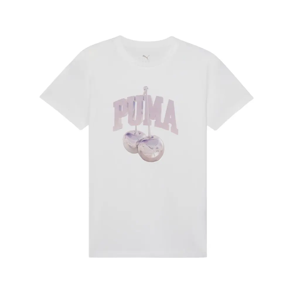PUMA Womens Cherry Graphic Crew Neck Short Sleeve Casual Tops Casual - White
