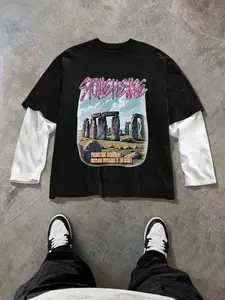 Stylish Men's Casual Round Neck Long Sleeve T-Shirt with Unique Letter and Boulder Pattern Print for Autumn, Trendy 2-In-1 Fashion Essential