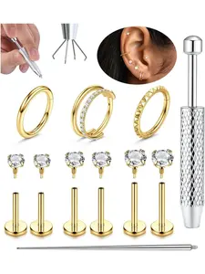 1 Set 18G 16G Flat Back Earrings for Women 316L Surgical Steel Cartilage Hoop Earrings Stack, Internal Thread CZ Stud Piercing Jewelry for Tragus Helix Conch & Hypoallergenic Lip Nose Rings Hoops