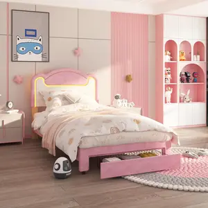GAOMON Modern Upholstered Twin Bed - Single Bed with LED Lit Padded Fabric Headboard, Storage Drawers, Wood Slats, No Box Spring Needed (Pink White), Led Lit Headboard, Modern Upholstered Bed