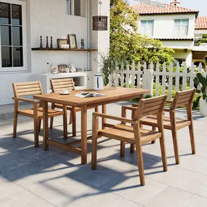5-Piece Outdoor Dining Table Set of 4, Acacia Wood 59.06-Inch Rectangular Table with Umbrella Hole and 4 Chairs,Suitable for Patio, Lawn, Garden, Poolside, & Indoor Use