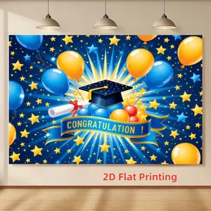 Graduation Party Decoration Background Wall, Blue Balloon Stars Graduation Cap Print, High Definition Photo Backdrop
