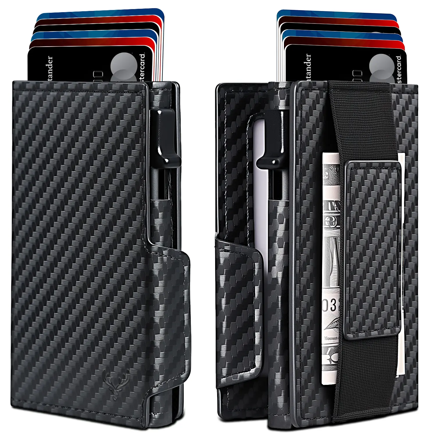Men's wallet/credit card holder, bi-fold, magnetic closure, ID card window, and money clip.