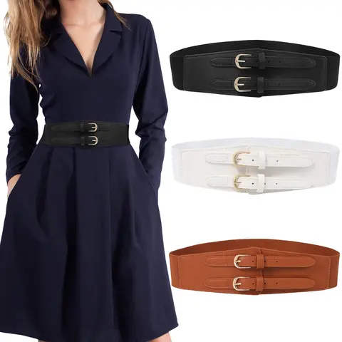 AWAYTR Women's Double Buckle Solid Elastic PU Leather Belt - All Seasons, Easy Matching Buckle Statement Waist Tie Belted Accessory for Dresses
