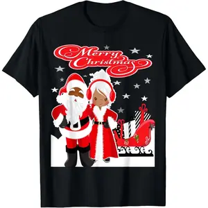 Celebrate Christmas with an African American Santa Claus and Mrs Claus Cotton T shirt Featuring a Unique Single Side Print Perfect for Holiday Festivities