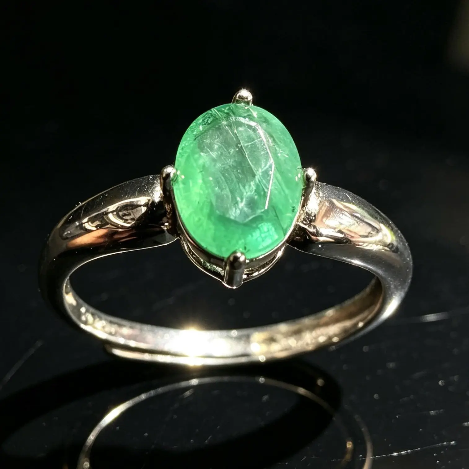 Natural Emerald Solitaire Adjustable Ring, 925 Sterling Silver, 8x6mm, for Everyday Wear