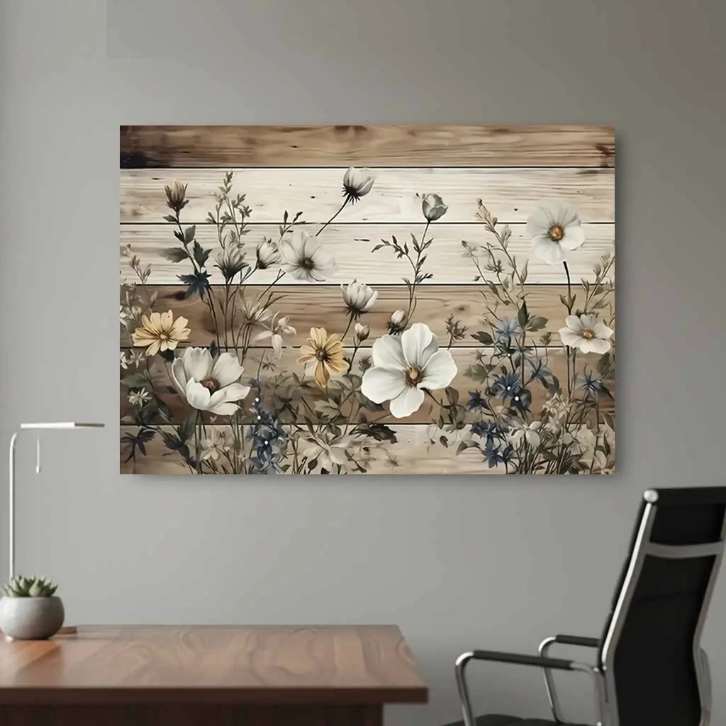 1pc Glossy Framed 2D Flat Canvas Painting - Single-Side Print Rustic Floral Home Supplies, Living Room Decor, Wooden Frame Wall Art, Multi-Size Holiday Gift for Bedrooms