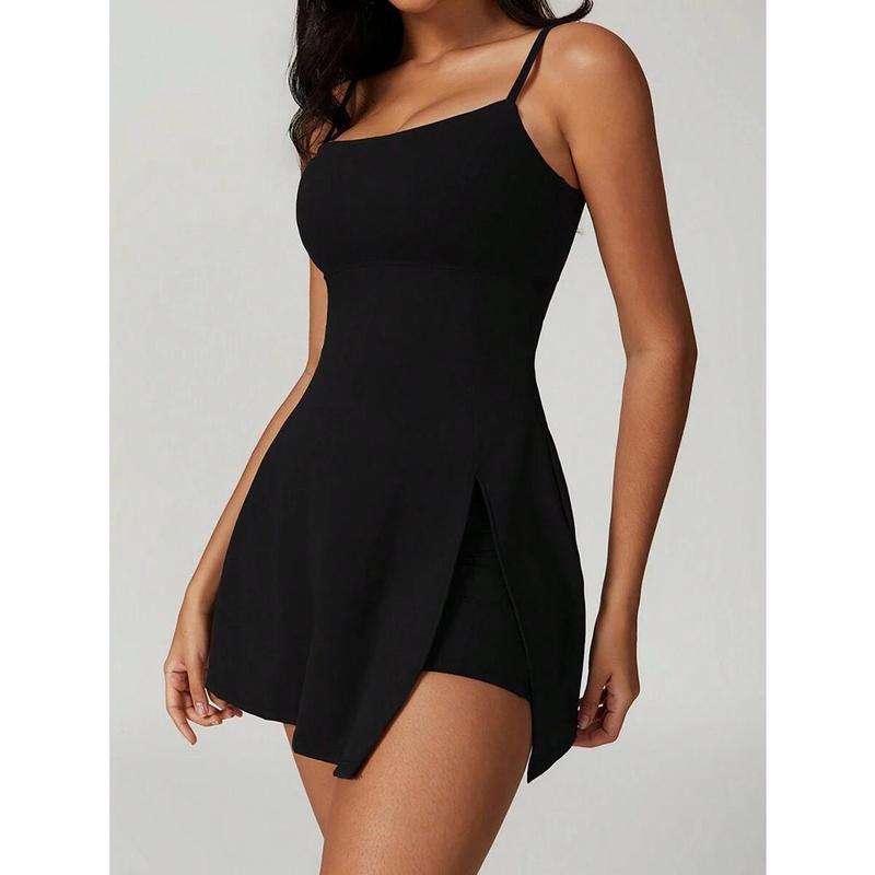 Women's Tennis Dress With Shorts, Spaghetti Strap Backless Yoga Golf Dresses, Side Slit A-Line Exercise Workout Dress(It Is Recommended To Buy The Product One Size Larger)