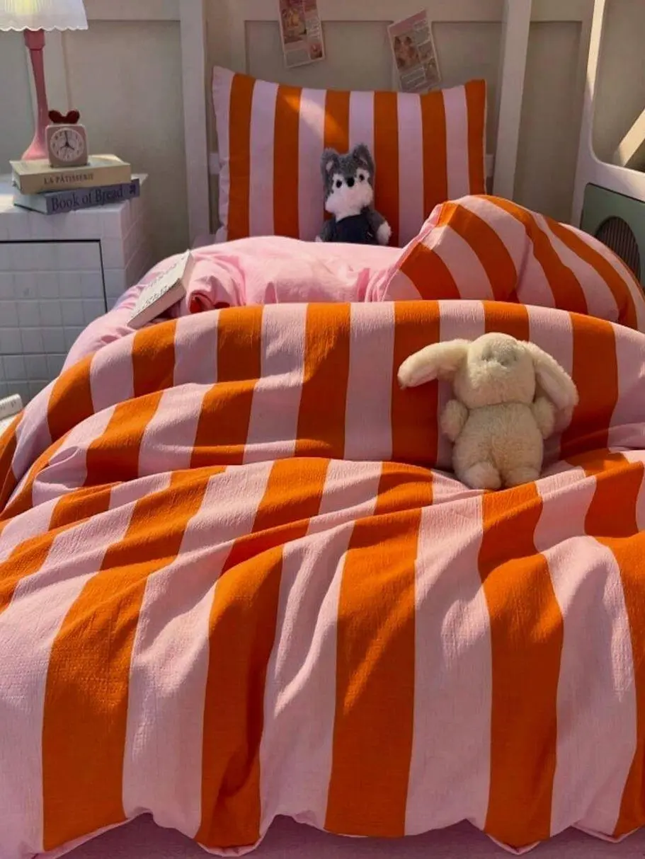 Pink And Orange Striped Bedding Set Cute Aesthetic Duvet Cover Soft Comforter Korean Style Bedroom Decor Twin Full Queen King Size Bed Linen