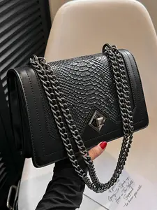 Women's Snake Textured Chain Strap Crossbody Bag, Fashionable Solid Color Handbag for Daily Used, Casual Trendy Versatile High-quality Daily Commuting Bag, Everyday Crossbody Bag, Casual Handbag Satchel, PU Leather Bag