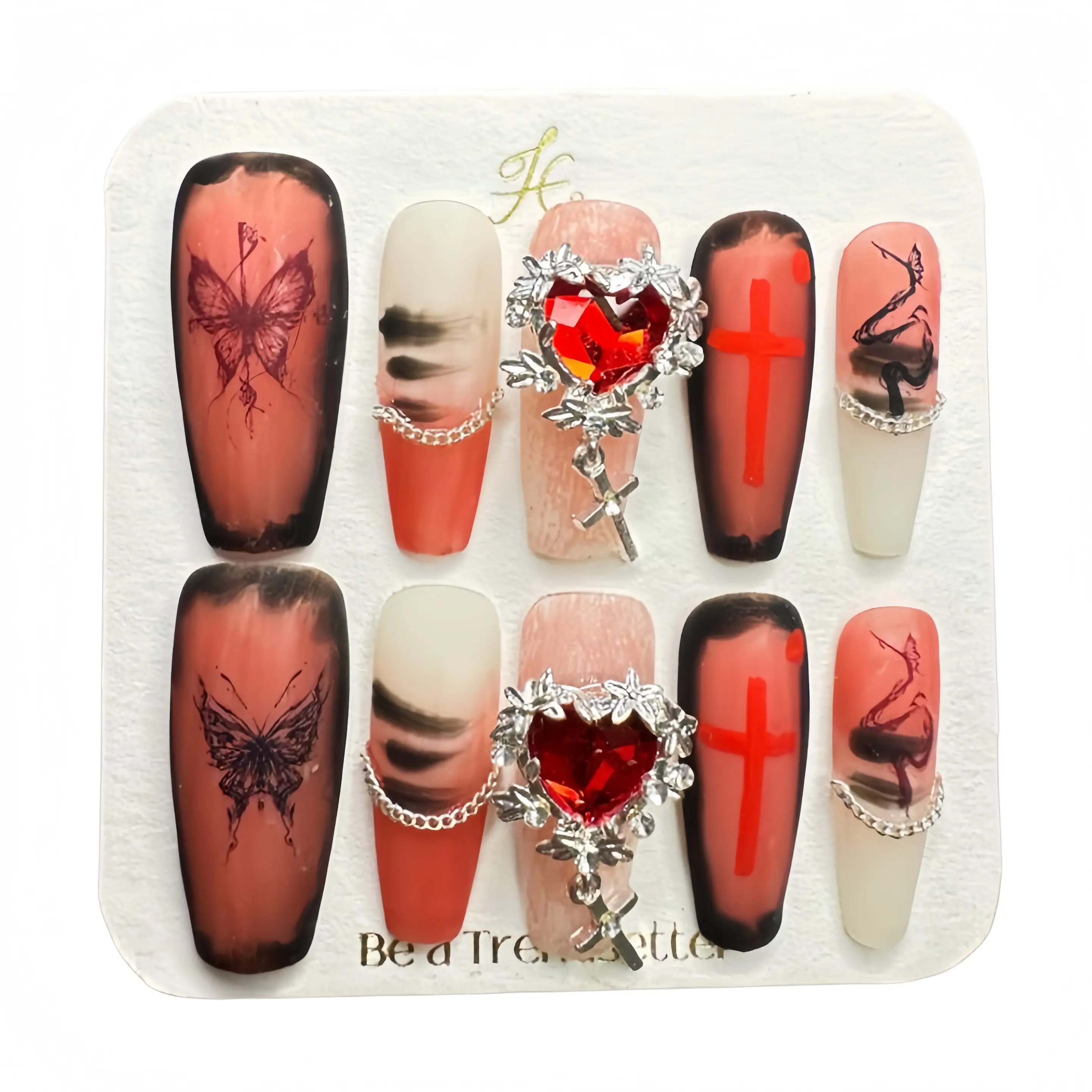 E13 Spice Girl Premium Red Gel Nail Sticker Set with Detachable Handmade Nail Charms, Winter-Ready Wearable Finish