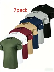 7pcs Printed Men's Quick-Dry Sports T-Shirts with Reflective Strips, Casual Sporty Style, Breathable Moisture-Wicking Short Sleeve Crew Neck Tops, Lightweight & Comfortable Running Shirts for Gym, Workout & Fitness, Suitable for Wet and Dry Conditions