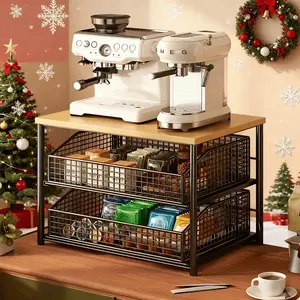 Space-Saving Kitchen Counter Organizer, Drawer and Metal Baskets, 2-Tier Storage Rack for Coffee Maker, Utensils, Spices, Hardwood and Metal