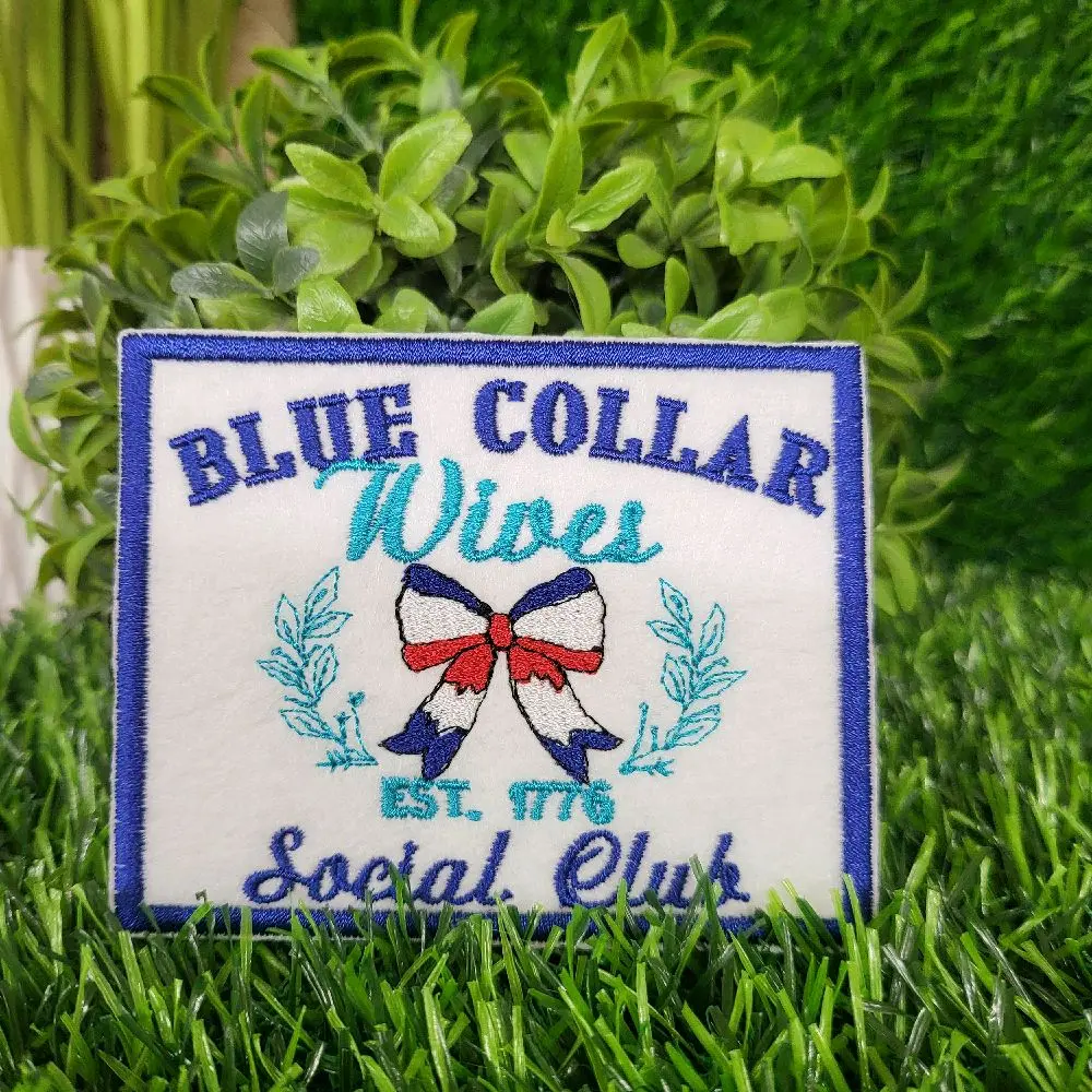 Blue Collar Wives Social Club embroidered iron-on patch.