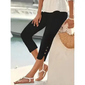 Plus Size Women's Stretch High-Waisted Slimming Capri Leggings - Comfortable and Stylish Women's Casual Solid Pants with Buttons