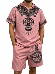 2026 Summer Men's Viking Life Tree Hooded Short Sleeve Set, Norse Sigil Print Casual Linen Blend, Beach Hippie Streetwear