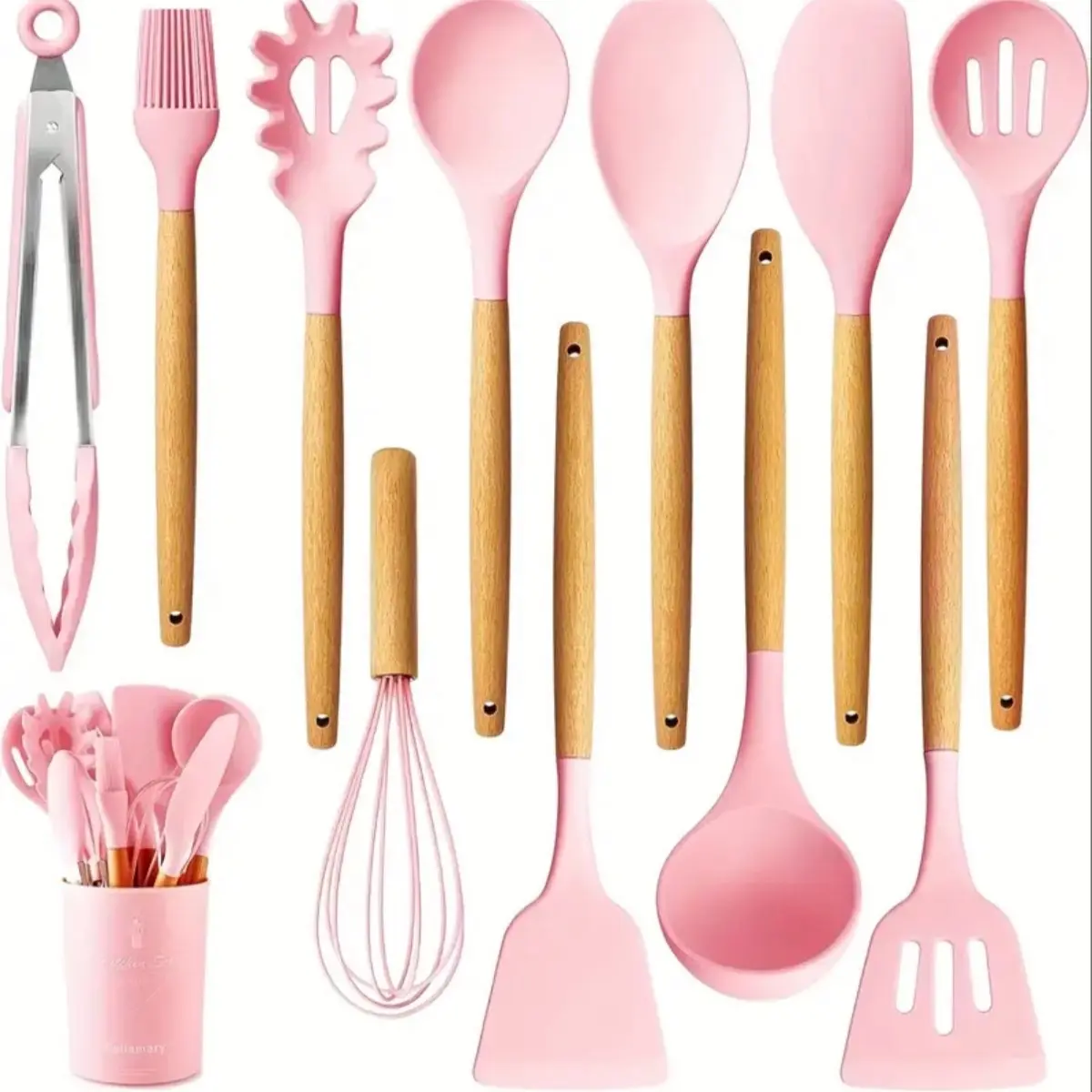 12pcs Silicone Kitchen Utensil Set - Non-Stick, Heat-Resistant Cooking Tools with Spatulas & Turner - Pink