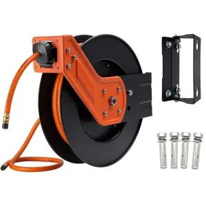 TA10 Retractable Air Hose Reel Swivel with 3/8 in. x 25 ft Hybrid Hose Max 300 PSI, Industrial Wall Mounted Compressor Hose Reel Heavy Duty, Air Compressor Heavy Duty Steel Reel