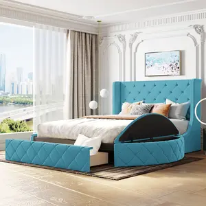 Velvet Upholstered Queen Platform Bed with Storage, Queen Size Bed Frame with Headboard, 1 Big Drawer and 2 Side Storage Stool, Strong Wooden Slats/Easy Assembly (Blue)