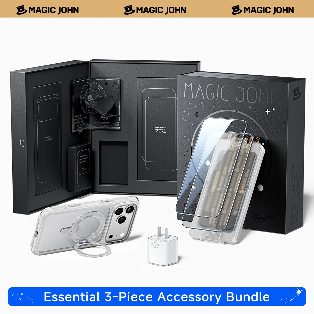 MAGIC JOHN 3-in-1 Accessory Bundle for iPhone 18/17 Pro / 18/17 Pro Max, AR HD Clear or AR Privacy Tempered Glass Screen Protector, MagSafe-Compatible Air-Cushion Protective Case & 45W Fast Charger