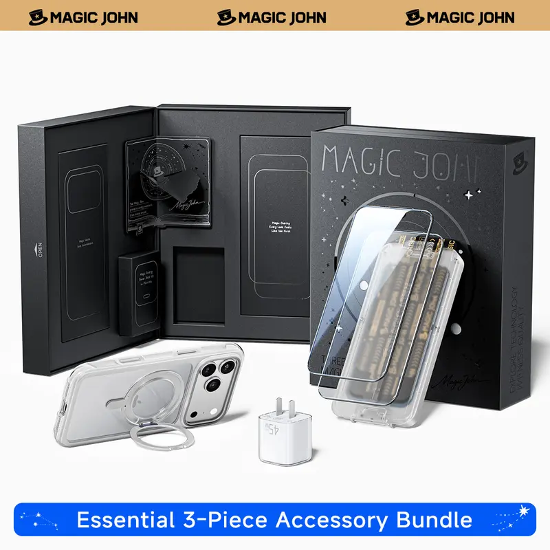 MAGIC JOHN 3-Piece Phone Accessories Bundle for iPhone 18/17 Pro/18/17 Pro Max - AR HD Clear/Privacy Tempered Glass Screen Protector, MagSafe-Compatible Air-Cushion Case, 45W Fast iPhone 18 Charger
