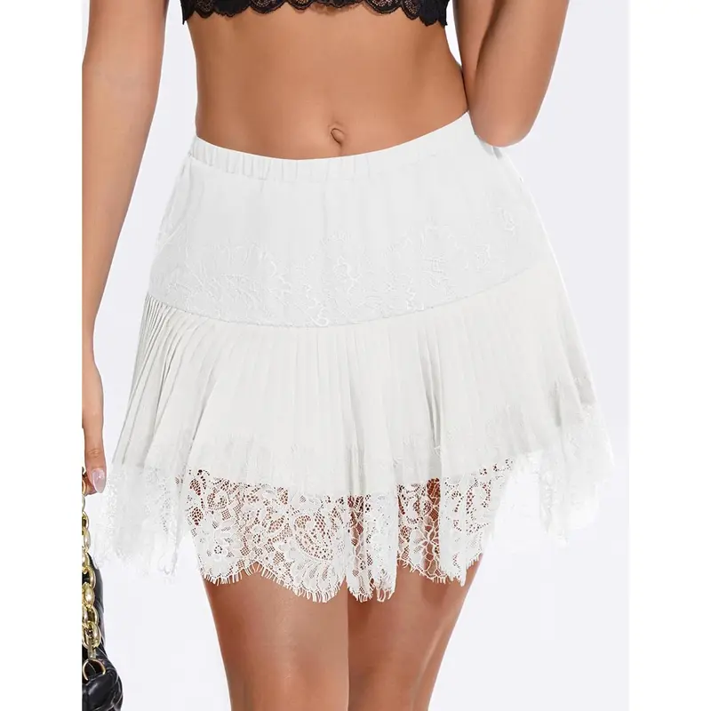 Women Y2k Mini Slip Skirt with Lace Trim Pleated Ruffle Short Skirts Flowy Club Night Skort Underskirt XS-XL