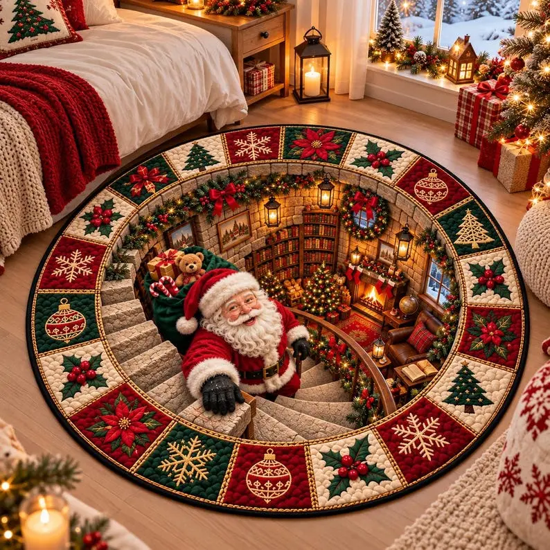 3D Santa Christmas Rug, Round Holiday Floor Mat, Festive Santa Decor, Christmas Patchwork Carpet, Winter Home Gift 2026, Cozy Bedroom Rug