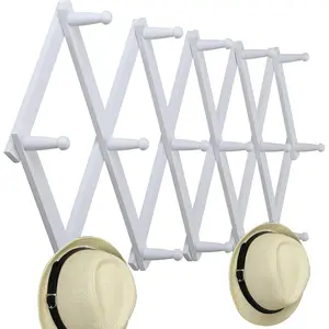 Accordion Wall Hanger,Expandable Wooden Coat Rack Wall Mounted,Accordion Hat Rack for Wall Rack for Hats,Caps,16 Peg Hooks,White